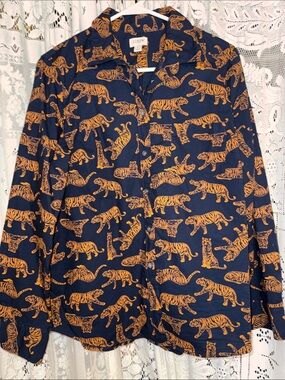 J. Crew Navy Shirt with Orange Tiger Motif